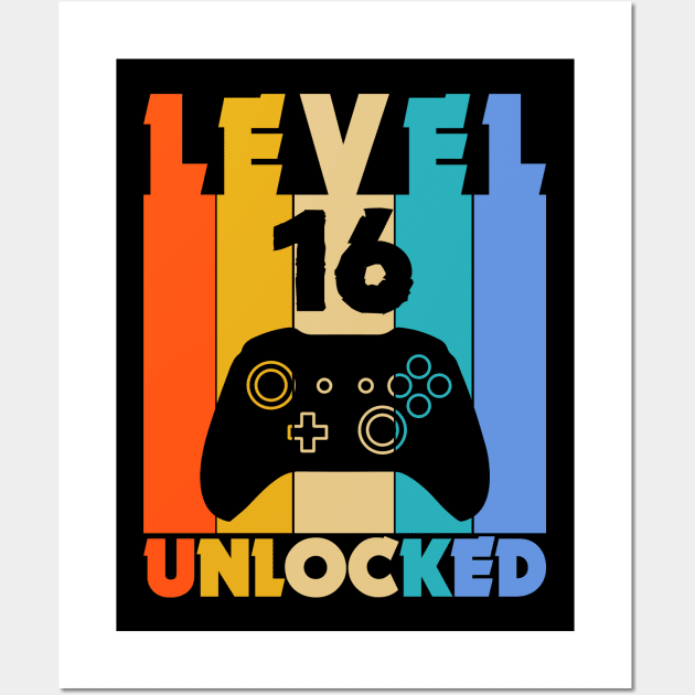 Level 16 Unlocked Funny Video Gamer Birthday Novelty T-Shirt Wall Art by MekiBuzz Graphics